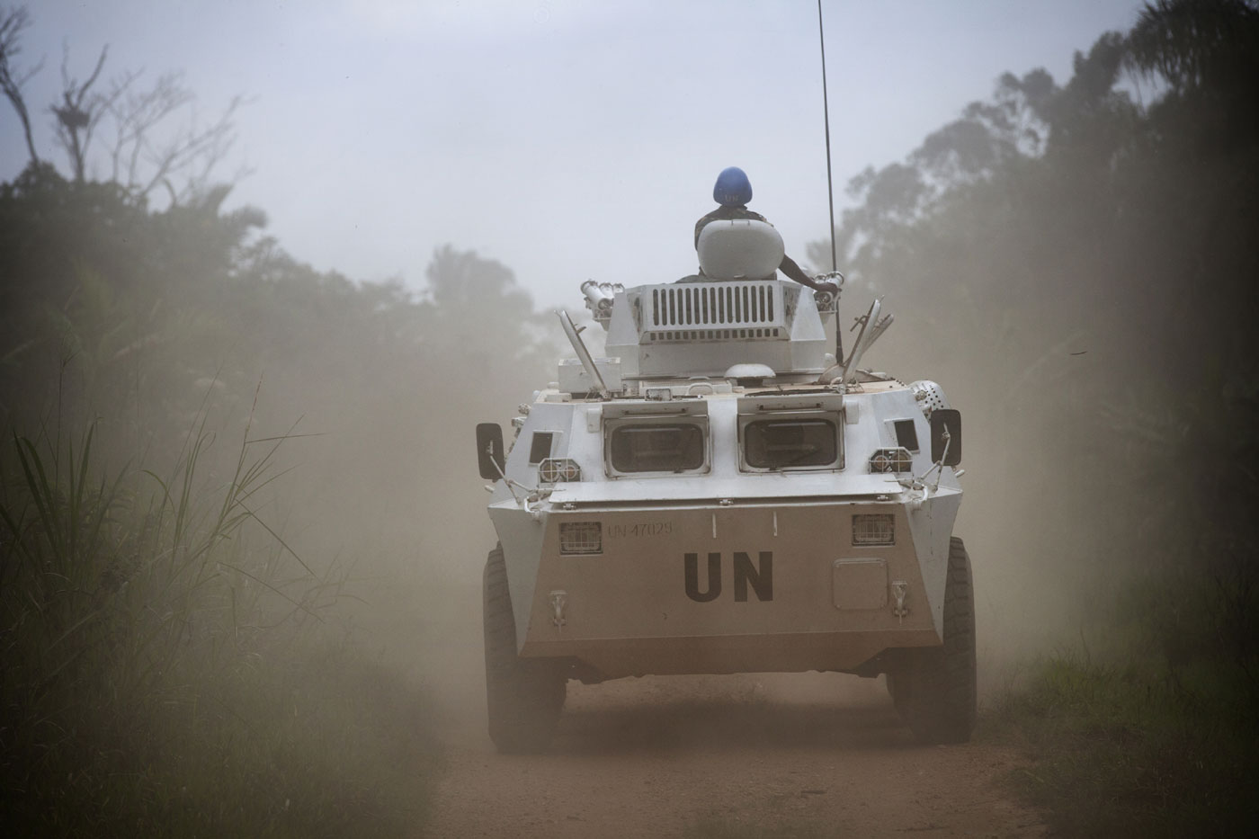 An armored personnel carrier on patrol near Beni, where the UN Organization Stabilization Mission in the Democratic Republic of the Congo (MONUSCO) is supporting the Congolese National Forces (FARDC) in an operation against the Allied Democratic Forces (ADF) rebel militia. March 2014. UN Photo/Sylvain Liechti