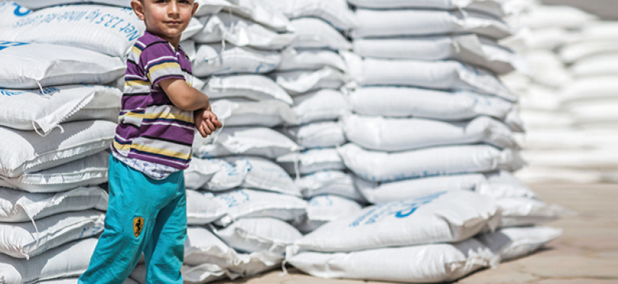 A boy stands in front of supplies at a WFP distribution site in Erbil Governorate, Iraq. WFP received $6 million from CERF for its emergency operations in Iraq in 2014. © OCHA/Iason Athanasiadis