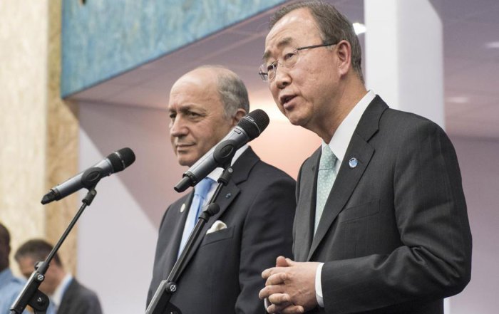 Photo: Secretary-General Ban Ki-moon (right) and French Foreign Minister Laurent Fabius, President of the UN climate change conference (COP21), brief the press in Paris.
