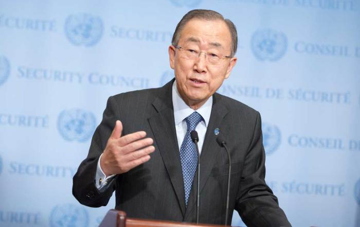 Photo: Secretary-General Ban Ki-moon speaks with the press at UN Headquarters on his return from the climate change conference in Paris known as COP21.